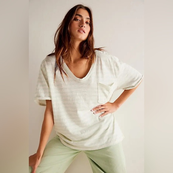 Free People All I Need Striped Short-Sleeve T-Shirt white aqua medium linen - Picture 1 of 16